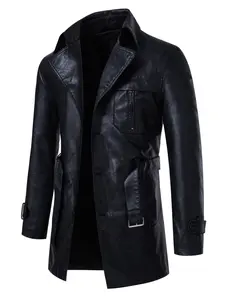 Men's Faux Leather Trench Coat, Belted Waist & Lapel Collar, Ideal for Sophisticated Urban Style, Formal Occasions & Seasonal Layering. A Timeless Essential Blending Luxury Texture, Tailored Fit & Versatile Charm for the Modern Gentleman