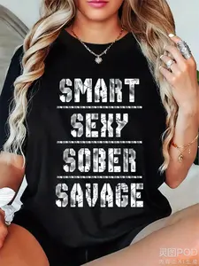 Plus Size Unisex Sobriety Awareness T-Shirt - Bold Distressed "Sober Savage Smart Sexy" Graphic Tee, 220GSM Pure Cotton Black Shirt for Men & Women, Retro Casual Crew Neck for Events & Casual Attire