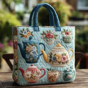 Thin Vintage Countryside Style Quilted Embroidered Handbag, Fresh Light Blue Background Pattern, Three-dimensional Teapot Flower Embroidery, Handmade Texture Commuting te Bag, Forest Style Artistic Versatile Handbag, Niche Design Tea