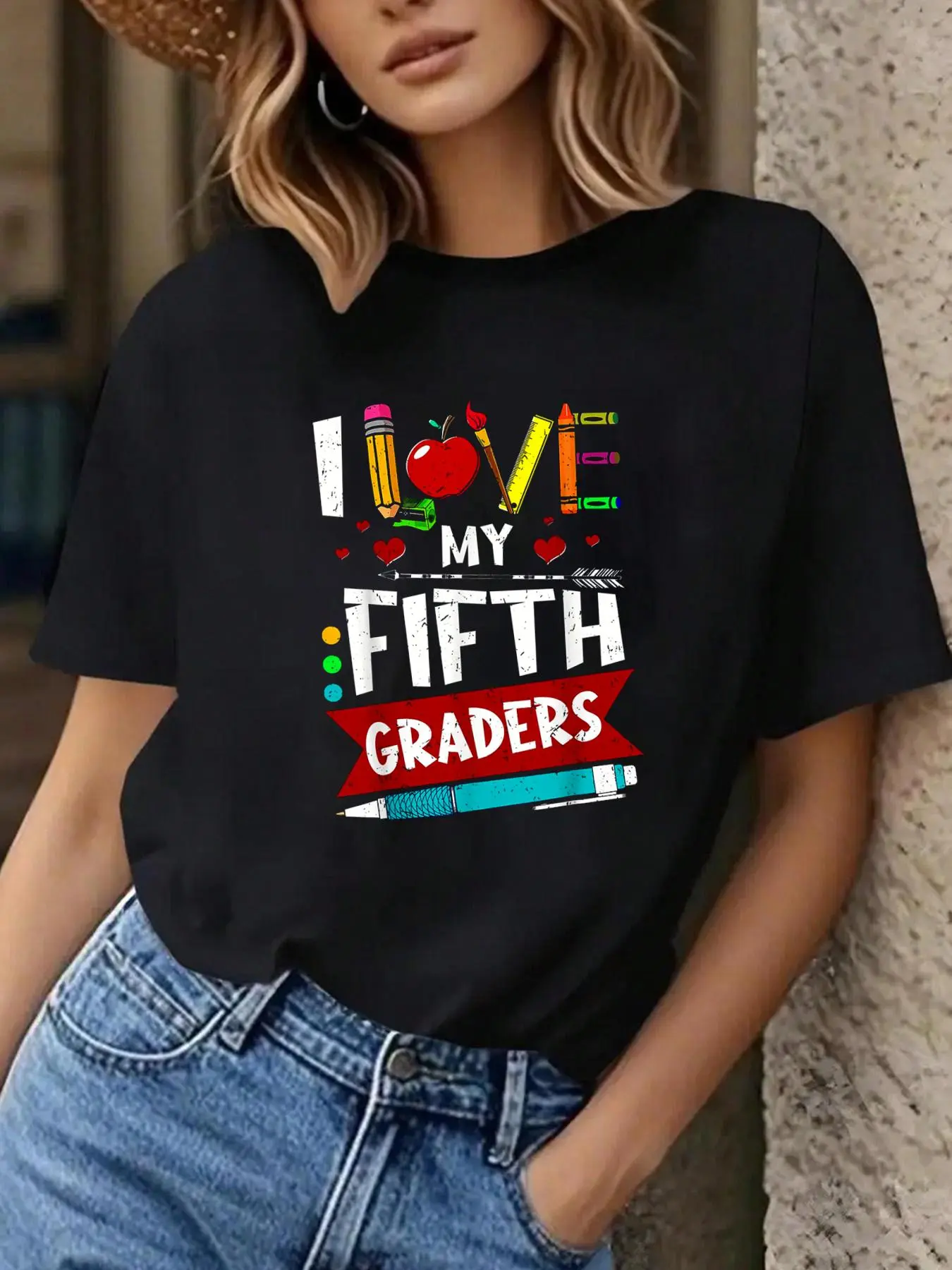 Women's Cute Soft Short-Sleeve Breathable Fabric T-Shirt, Everyday Fit "I Love My 5th Graders" Print Fifth Grade Teacher Top