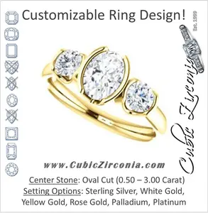 Cubic Zirconia Engagement Ring- The Lula (Customizable 3-stone Bezel Design with Oval Cut Center and Round Cut Accents)