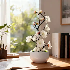 Artificial Chinese Plum Blossom Bonsai, Realistic Shape & Exquisite Details, Indoor Outdoor Decoration, No Maintenance, Spring Home Office Desk Decor