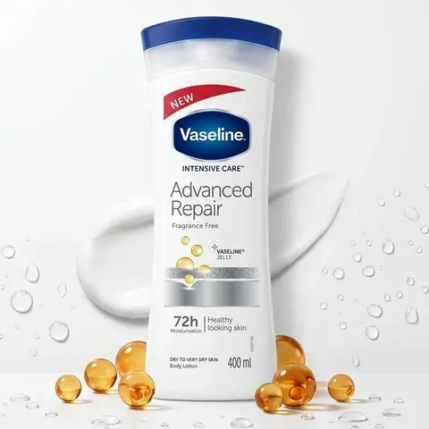 Vaseline Advanced Repair Unscented Body Lotion - 400ml Pack, Fast-Absorbent Fast Acting Gentle Daily Body Care Product, Long-Lasting 72H Moisture Lock for Dry & Sensitive Skin, Skin Restore & Repair