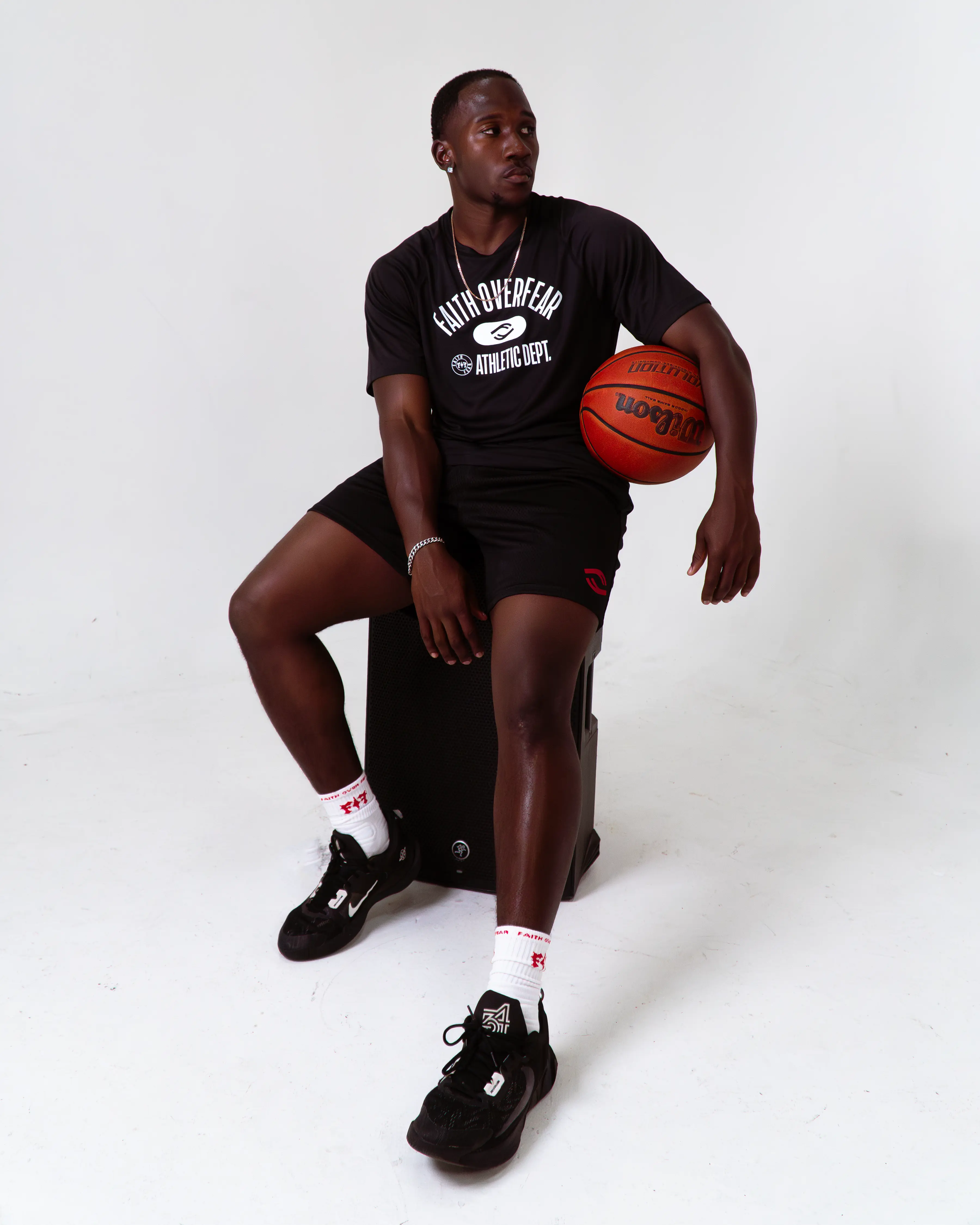 FOF Athletic Dept. Black T-Shirt, Short Sleeve, Athletic Dept. Logo, "FAITH OVER FEAR" Text, Polyester Fabric, Day & Garment Wear