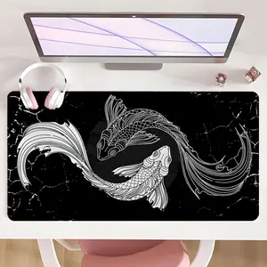 [Mouse Desk Pad] Non-Slip Mouse Pad Large Gaming Mouse Pad With Rubber Base & Stitched Edge Yin Yang Koi Fish Black White Design Desk Top Protector Mat For Home Office Holiday Gift