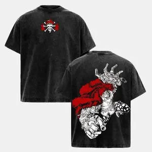 Eustass Kid Vintage Oversized Washed T-Shirt, One Piece Anime Double-Sided Printed Graphic Tee, Retro Unisex Oversize Anime Manga Acid Wash Cotton Y2K Streetwear, Otaku Top Fit