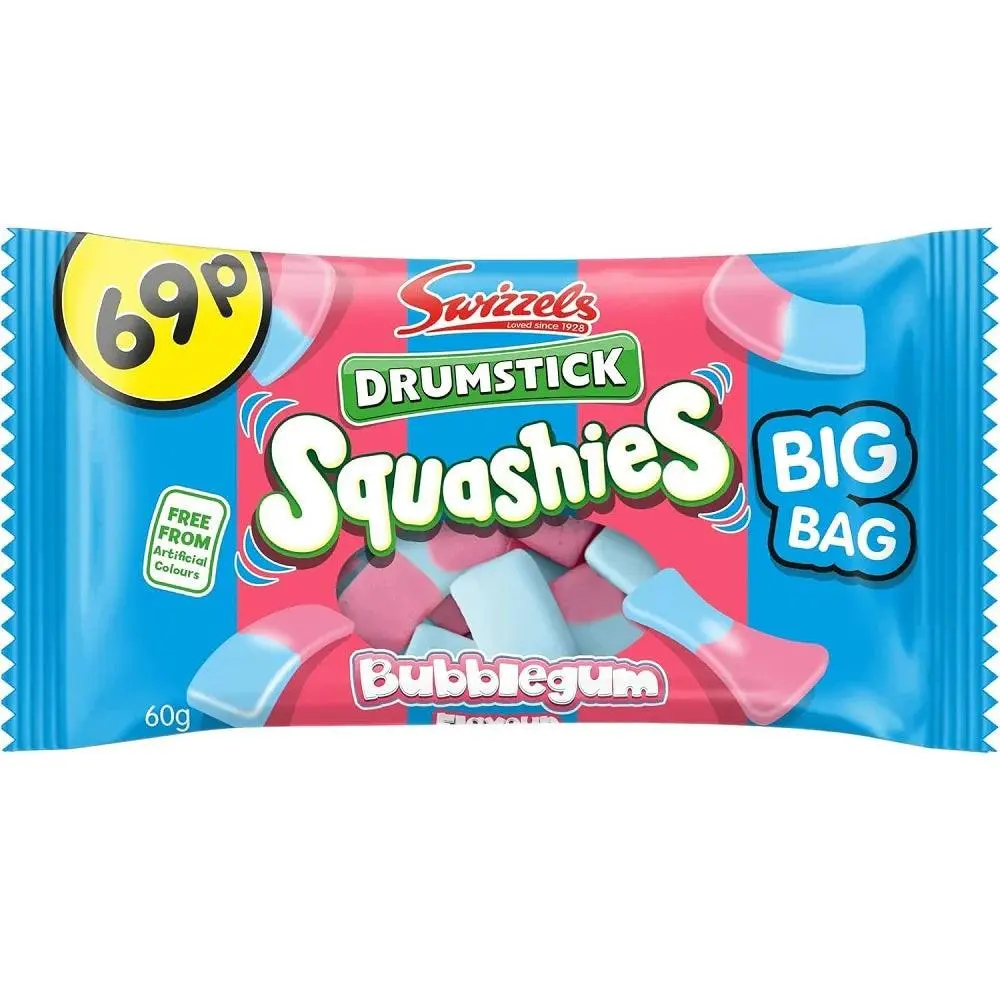 Swizzels UK Squashie Bubble Gum Drumstick Big Bags 60g 30ct Tray