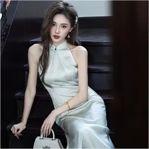 Neo-Oriental Halter Neck Midi Dress – Elegant New Chinese Style Modern Cheongsam