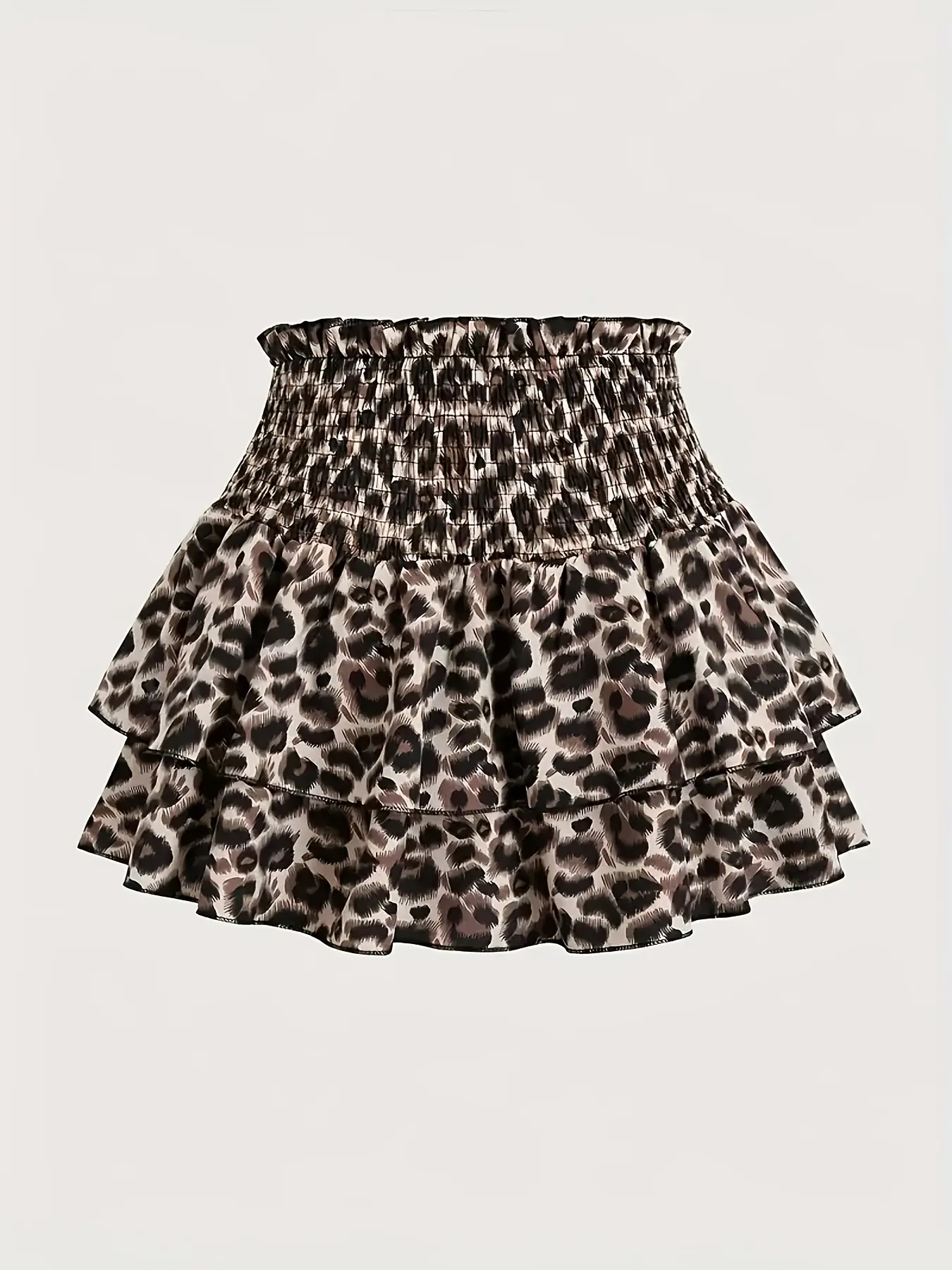 Cute Y2K Leopard Print Women's Skirt, Ruched Waist, Double Layer Frill Hem, Short Slim-Fitting Skirt, Elegant Chic Style, All Seasons, Leopard Printed Skirt