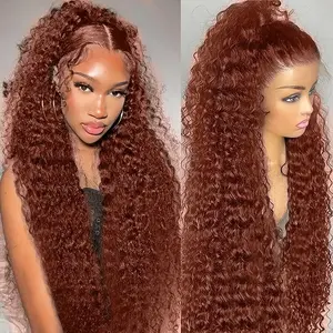 Bling Hair Reddish Brown Deep Wave Lace Front Wigs Human Hair 30 Inch Reddish Brown Curly Lace Front Wig 180 Density 33# Deep Wave 13x6 HD Lace Frontal Wigs Human Hair Pre Plucked for Women Colored Human Hair wig