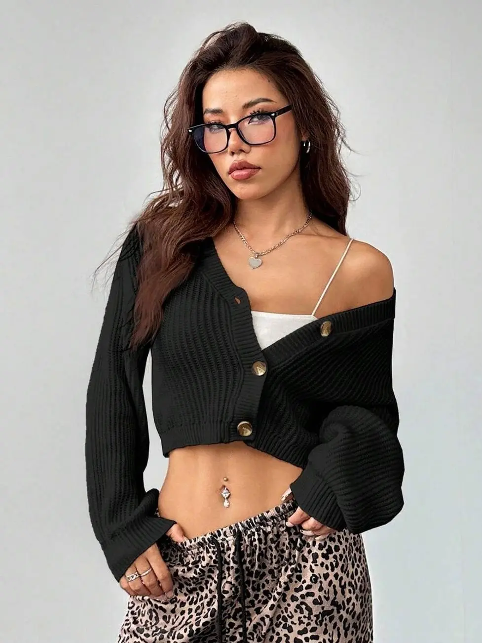 Lantern Sleeve Button Front Rib Knit Cardigan Off The Shoulder Sweater