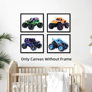 Cartoon Monster Truck Pattern Framed Canvas Painting, Creative Design Print, 4 Counts/set Modern Wall Art, Unframed Wall Art, Wall Decor for Home Living Room Bedroom, Ornaments