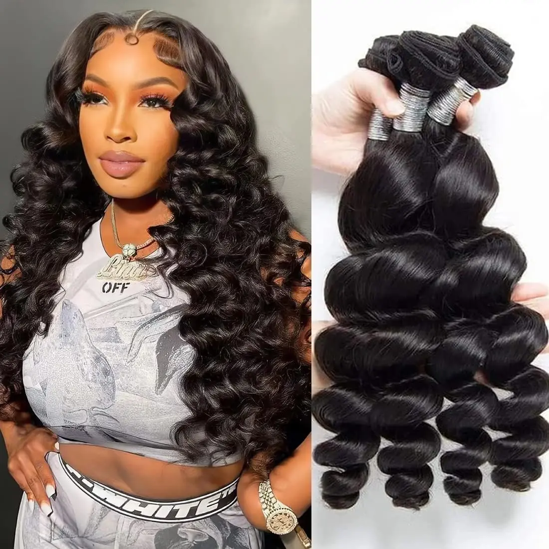 Beauty Queen Loose Wave Bundles Human Hair 16A Unprocessed Brazilian Virgin Hair Bundles Natural Black Color, Real Hair Extensions, Double Weft Extensions