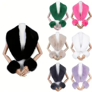 3pcs Elegant Faux Fur Shawl Collar Set for Women - Chic, Windproof & Warm, Thick Acrylic Scarves with Cuffs, Perfect for Going Out, Stylish Black, Green, Pink, Beige, White, and Purple, Winter Accessories|Chic Knitwear|Decorative Shawl