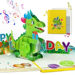 FaCraft Dinosaur Musical Birthday Cards for Kids - Music and Lights 3D T-Rex Handmade Pop Up Birthday Cards with Envelope, Blank Insert, Bday Gift for Boys Girls Son Daughter Grandson Toddler Nephew