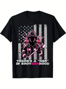 Men & Women' Firefighter Brotherhood T-Shirt - "There' A HER in Brotherhood" Slogan with Pink Fire Dept Design, 100% 180g Black Crew Neck Short Sleeve Tee for Firefighters, EMS, Daily Wear & Fitness