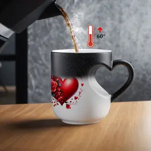 1pc Magical Color Changing Thermal Cup Mug with Heart-Shaped Handle, 11oz 325ml Unique Heart Design, Red Heart & Floral Pattern, Heated Gradient Mug Reusable, Perfect for Birthdays, Valentine'S Day, and Mother'S day Gifts