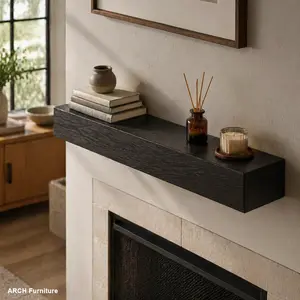 Hollow Western Red Cedar Embossed Wood Fireplace Mantel, 48x9x6 in Metal-Accented Farmhouse Wall-Mount Floating Shelf for Home Decor, Versatile Home Supplies Shelves