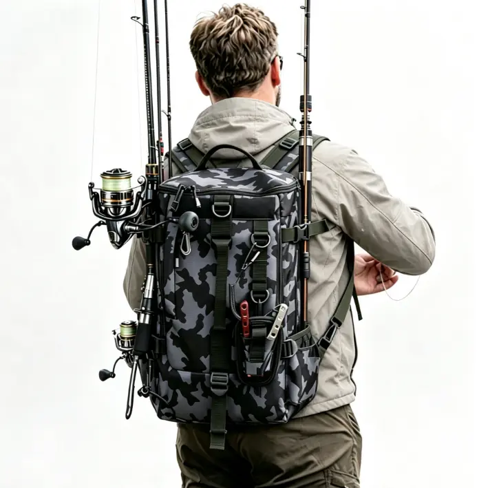 Camo Tactical Fishing Backpack Built-In Pole Holder, Large Waterproof Tackle Storage Pack for Lures Bait, Freshwater Shore Angling Camping Gear Bag