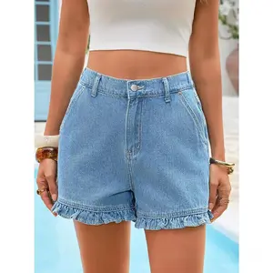Women's High-WaistedFitted Ruffle Denim Jean Shorts - Cotton BasicSummer Bottoms with Pockets, Women's Shortsfor Daily Wear, Jean Shorts For Women