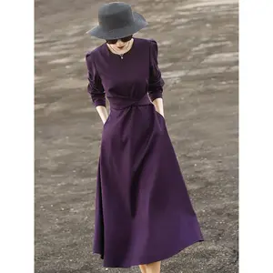 MEXCOCO 2025 Autumn New Arrival Elegant Slimming High-End Floor-Length Purple Maxi Dress for Women