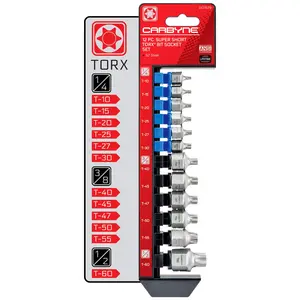 CARBYNE 12 Piece Torx Super Short Low-Profile Bit Socket Set, T-10 to T-60 Sizes, Internal Square Drive & External Hex Drive • From a Family-Run Tool Company Based in the U.S.A.