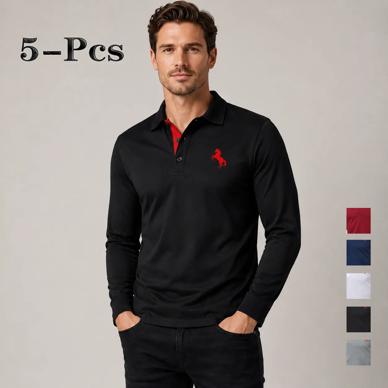 Men's 5-Pack Long Sleeve Polo Shirts, Multicolor Collared Tops with Contrast Inner Placket, Embroidered Chest Accent, 3-Button Closure, Regular Fit Smart Casual for Golf, Work, Fall-Winter Wear Menswear Stylish