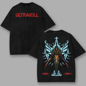 Ultrakill Gabriel Fallen Angel Double Sided Graphic Tee Men Oversized Crewneck Heavyweight Washed Cotton Short Sleeve Vintage Grunge Streetwear Loose Fit Casual Game Fan Apparel Gift Top Unisex for Men Women