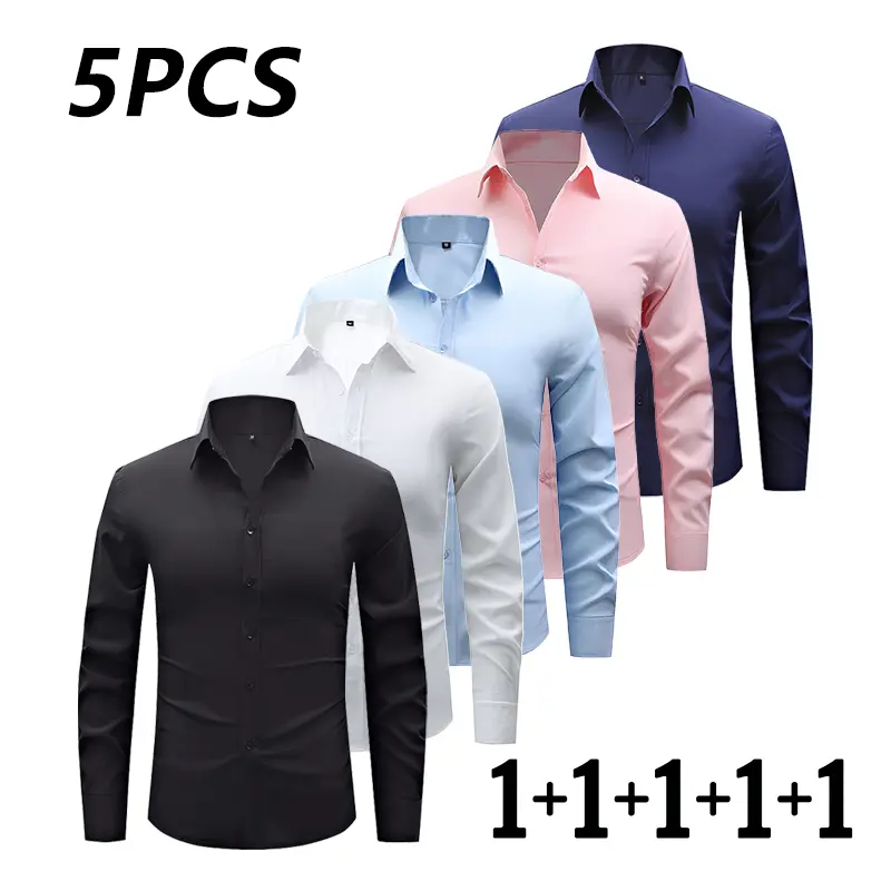 5-pack men’s solid-color long-sleeve casual business shirts; elegant men’s dress shirts; men’s casual shirts; professional attire; office wear; modern menswear; easy-care fabric; lightweight fabric; for mature men; office professionals,Summervibes