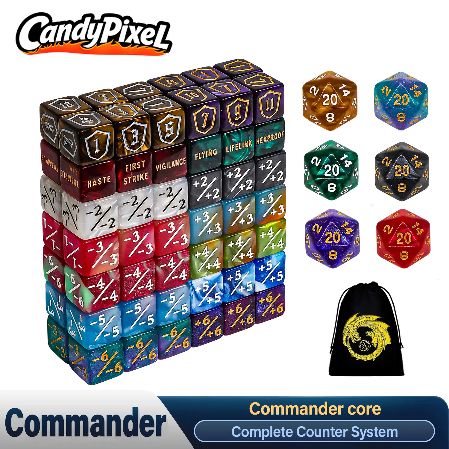 MTG Counter Dice Set, 90 Pieces Marble Color D6 Cube Dice with Dragon Bag, Life Counter and Shield Counter Dice for Card Games, TCG, MTG Gaming