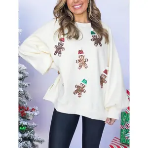 Gingerbread Man Sweatshirt Christmas Thanksgiving Holiday Pullover Cozy Loose Fit Women's Top with Sequin Patch Pink Long Sleeve Round Neck Casual Knitted Fabric