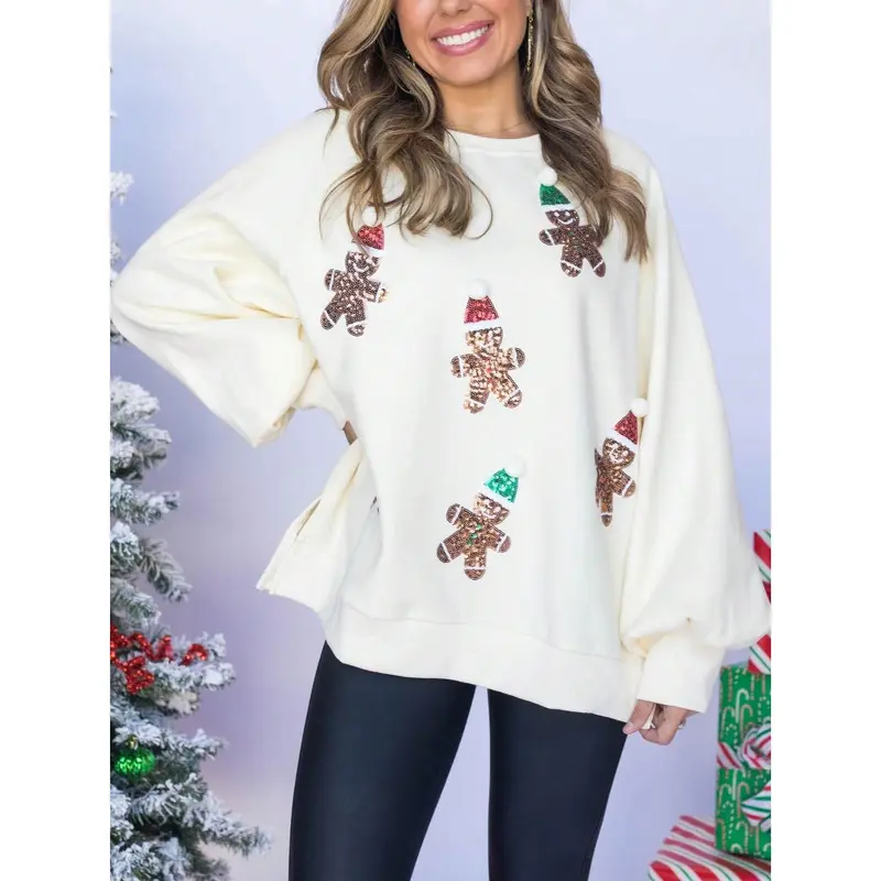 Gingerbread Man Sweatshirt Christmas Thanksgiving Holiday Pullover Cozy Loose Fit Women's Top with Sequin Patch Pink Long Sleeve Round Neck Casual Knitted Fabric