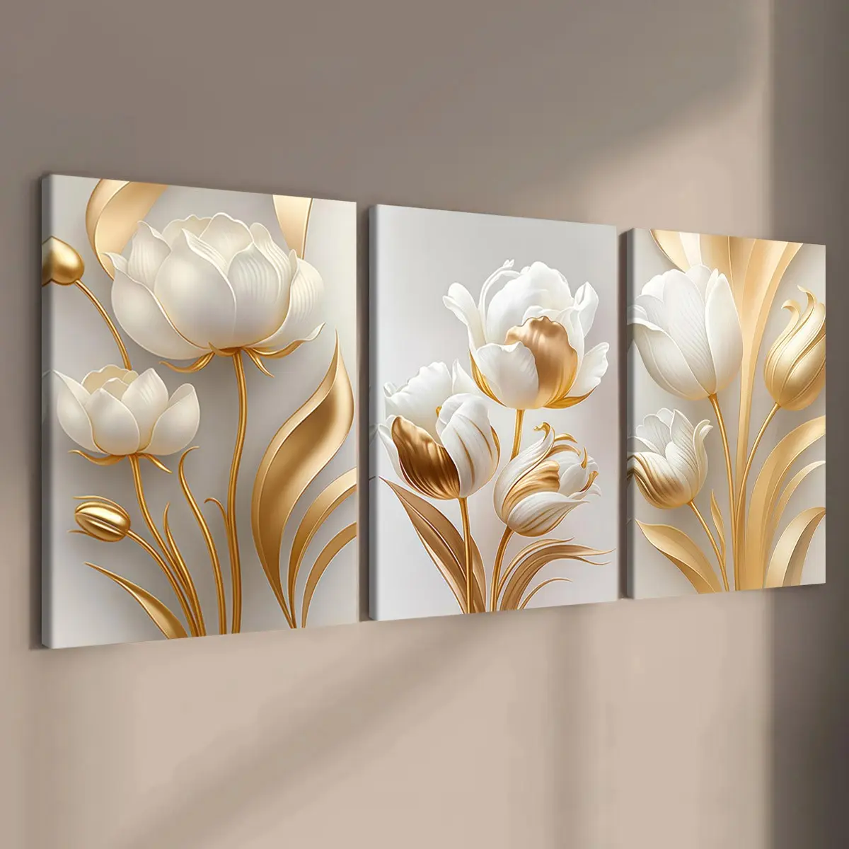 3-count wooden frame canvas, light luxury style platinum floral three-piece decoration, high-end floral art poster, fashionable poster, modern home decoration, suitable for bedroom, living room and entrance hall decoration, waterproof art