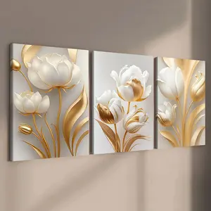 3-count wooden frame canvas, Canvas Prints, light luxury style platinum floral three-piece decoration, high-end floral art poster, fashionable poster, modern home decoration, suitable for bedroom, living room and entrance hall decoration, waterproof art