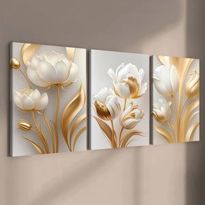3-count wooden frame canvas, light luxury style platinum floral three-piece decoration, high-end floral art poster, modern home decoration, suitable for bedroom, living room decoration, waterproof art, Wall art decoration