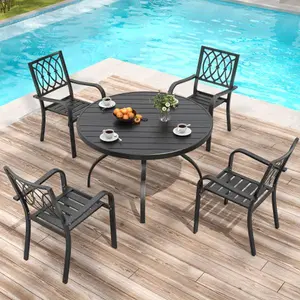 5-Piece Outdoor Patio Dining Set , 47" Round Wood-Grain Slat Table w/ Umbrella Hole + 4 Stacking Metal Chairs (350 lbs Capacity) , Rustproof, Breathable Design, 30-Min Assembly, Patio, Garden, Balcony