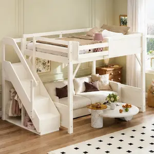 Full Size Loft Bed with Built-in Wardrobe and Storage Space, Solid Wood Loft Bed with Beside Shelves, Full-length Guardrails and Stairs, No Box Spring Needed, Beige, Bedroom Furniture for Bedroom, Guest Room, Kids Room, Teen Room