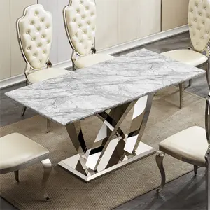70-inch Rectangular Faux Marble Dining Table, 6-Person Marble Dining Table with Mirrored Stainless Steel Base, Modern Large Marble Kitchen Table