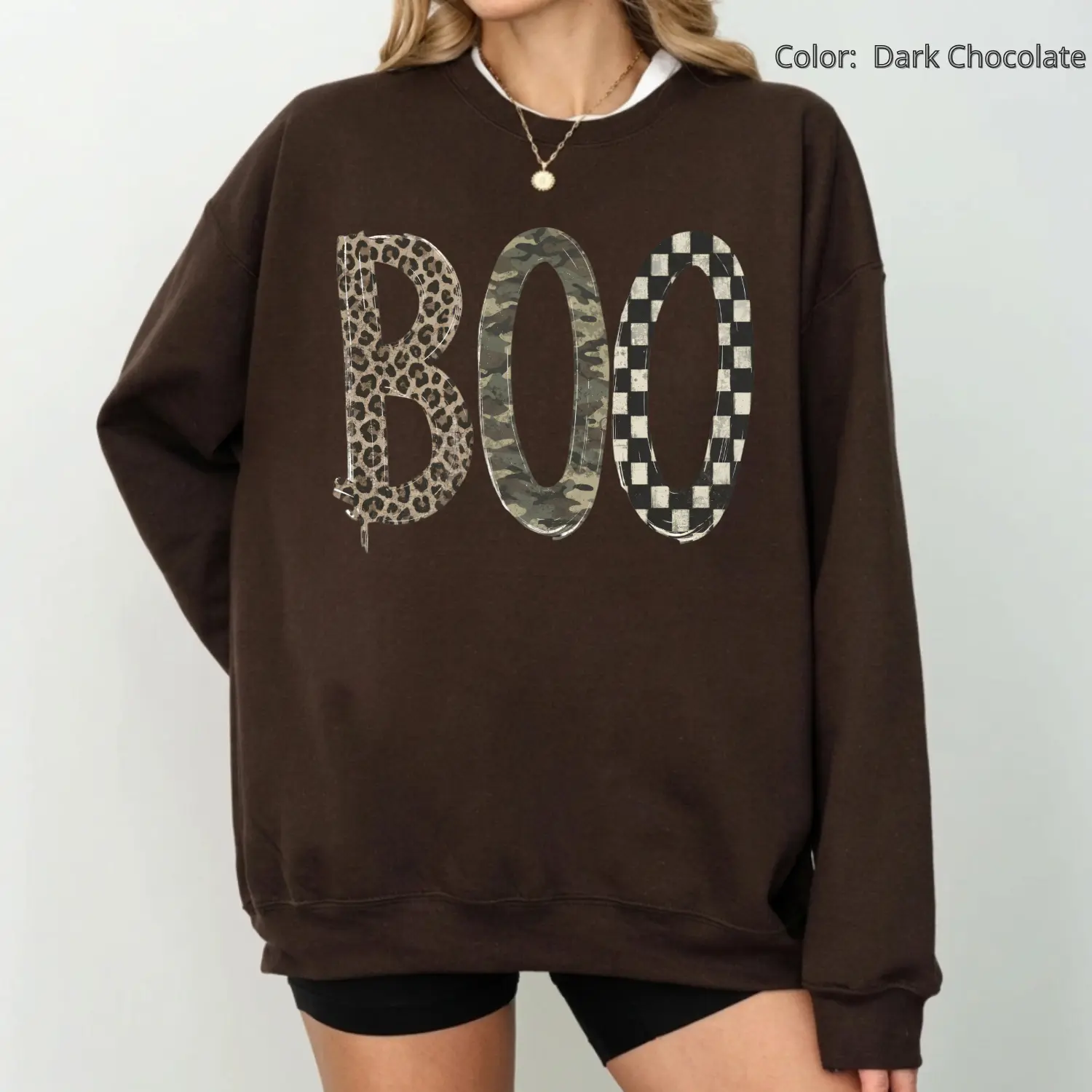 BOO Leopard Camo Checkered Halloween Graphic Sweatshirt