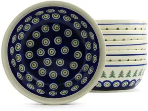 Polish Pottery Set of 6 Bowls 7" Peacock Evergreen