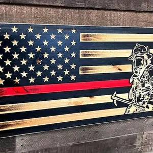 Rustic CNC-Made Fireman Themed Wood Flag Fully Customizable...examples: names,phrases, or numbers etc....see details below..