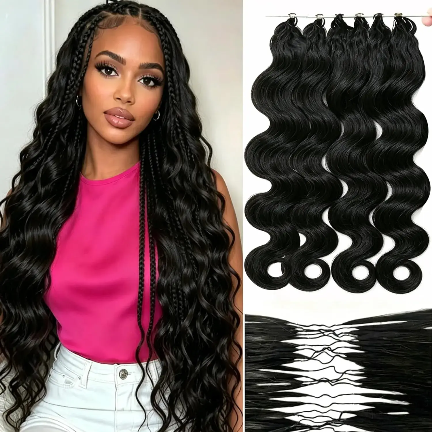 [HOT]Bling Hair Body Wave Crochet Hair Human Hair Extension Miracle Knots Pre-Separated 50g/pack-Knotless Boho Braids,3~4 Packs For Full Head,Multiple Curly Wavy Textures For Women