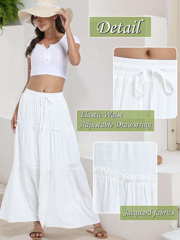 Long Skirts for Women Boho Maxi Skirt Summer Swing Tiered A-Line Elastic High Waist White  Skirt Fashion