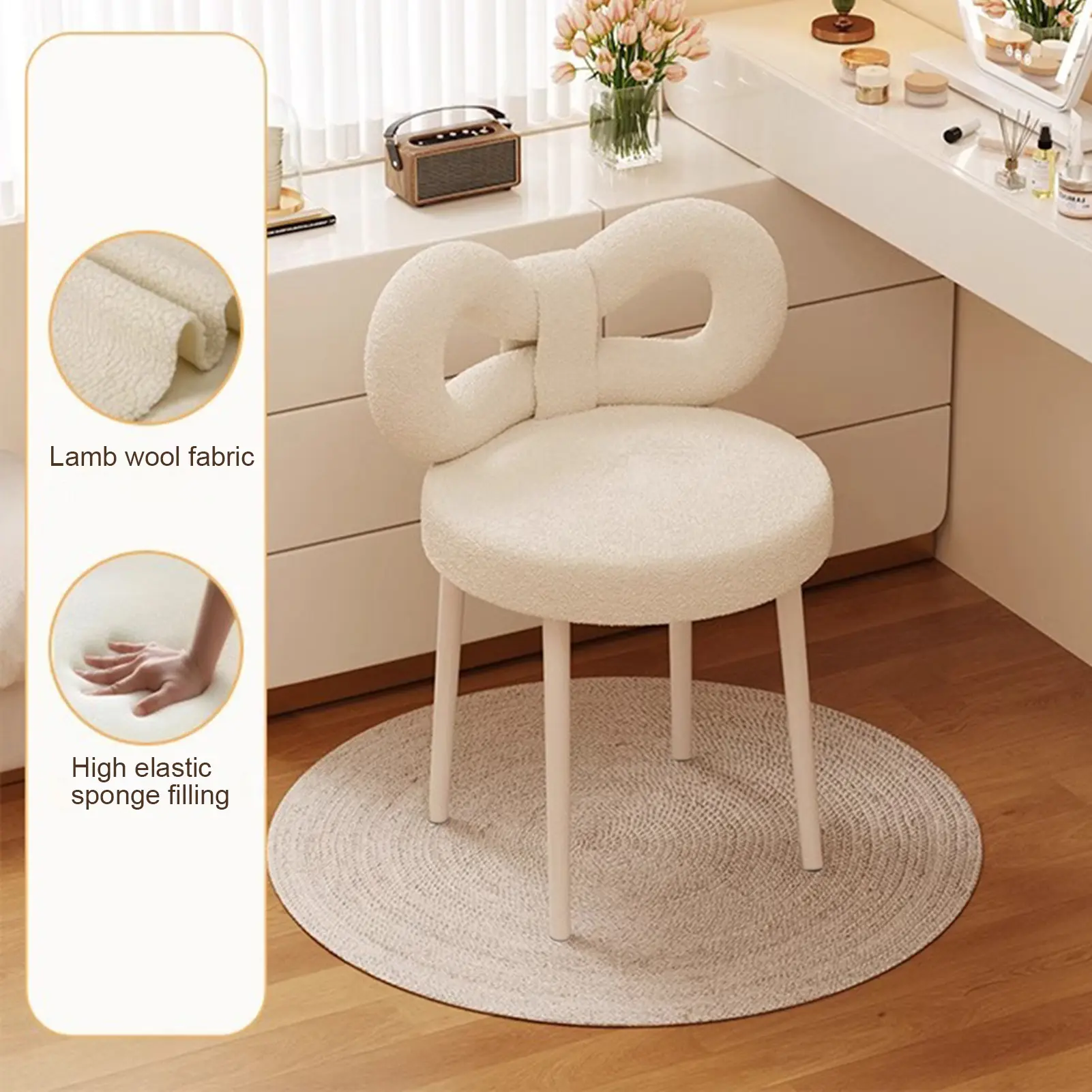 Vanity Stool with Bowknot Backrest Living Room Women Girls Bedroom Makeup Chair Adjustable Foot Pads Armless Dressing Chair Side Table Seat