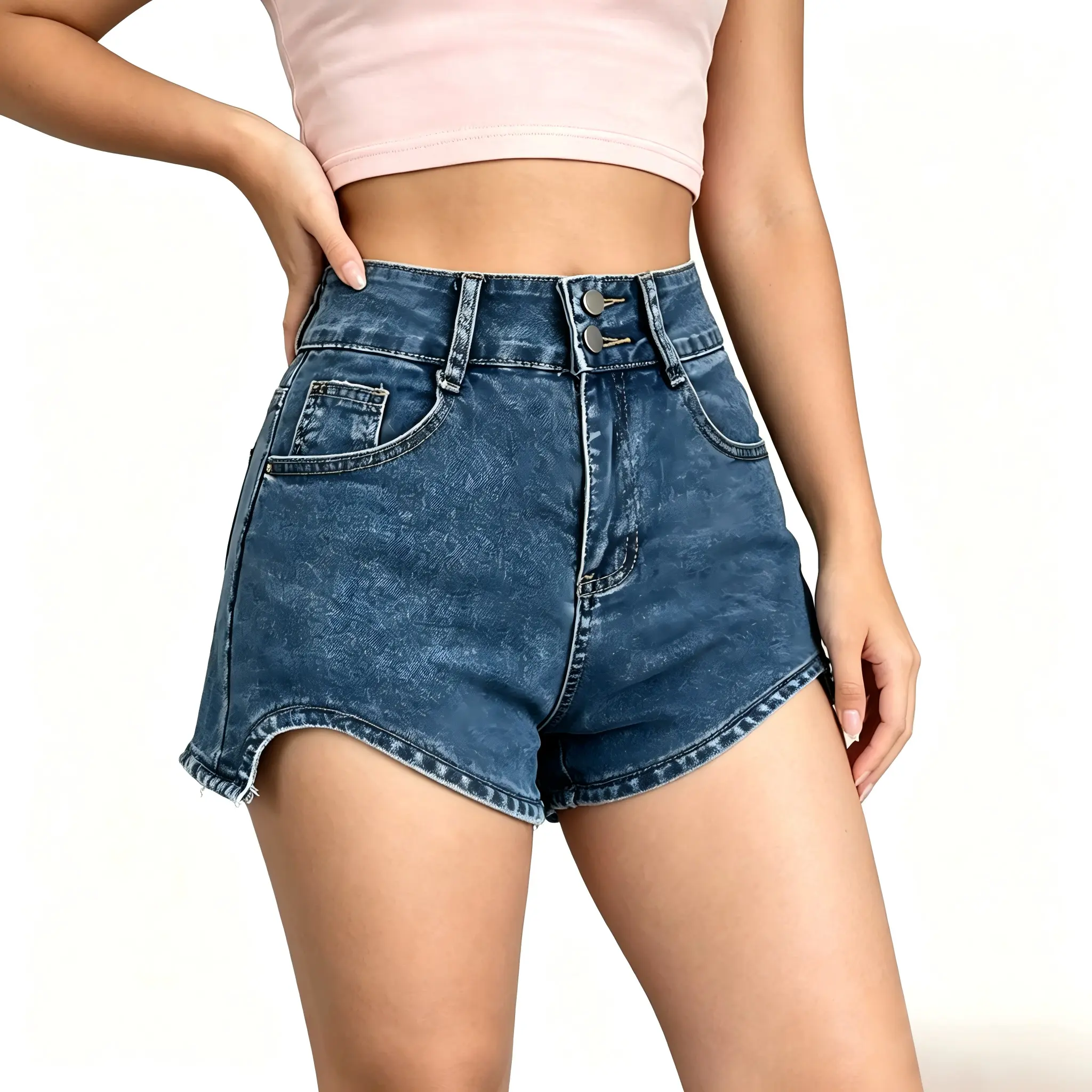 AgeRose women's cotton denim shorts, double-breasted high-waist slim fit with curved hems, multiple solid color options for summer street style, breathable millennial everyday wear