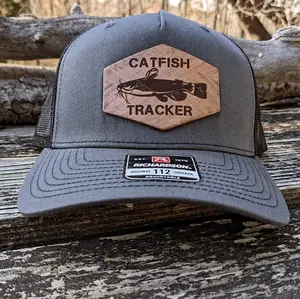 Catfish Tracker Fishing Hat with Etched Leather Patch, Richardson Original 112, Adjustable Snapback Closure and Curved Bill - Perfect Fishing Accessory