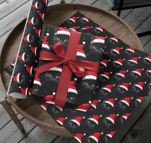 Black Cat Santa Hat Wrapping Paper, Christmas Present Wrap, Birthday Holiday Farm Animals Paper Wrap