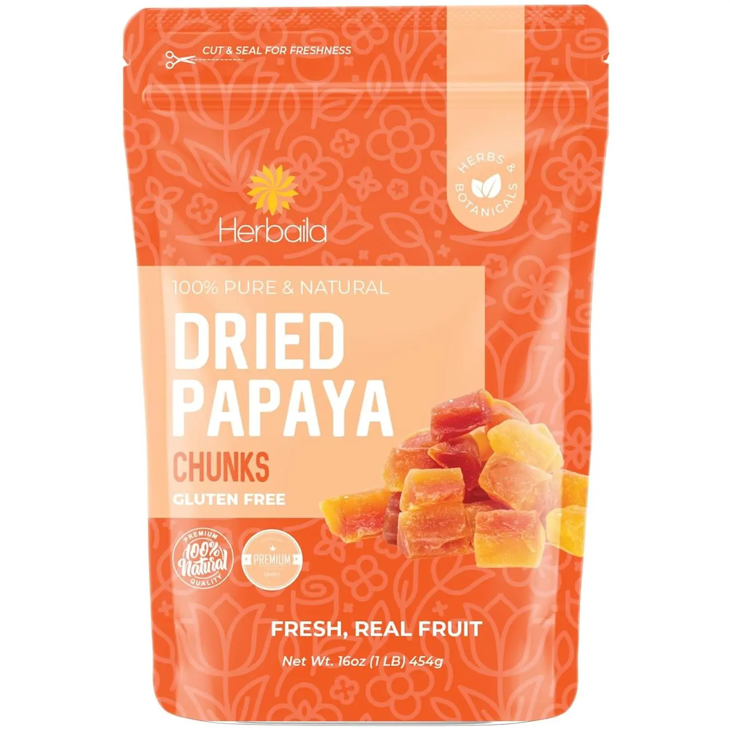 Herbaila Dried Papaya Chunks, 1 Pound. Dried Papaya Fresh, Paw Paw Tree Diced Papaya Fruit, Lightly Sweetened. All Natural, Non-GMO, 16 Ounces.