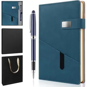 A5 Lined Leather Notebook and Pen Set with  Box, 240 Pages Refillable Journal with Pocket and  Buckle, Hardcover Daily Diary for Men and Women Business Travel Personal Writing- Blue