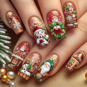 24pcs Christmas Holiday Nail Set, Cute Santa Claus Tree Wind Chime Design, Perfect Fit Press-On Nails for Parties, Dancing, Daily Use, Nail Charms